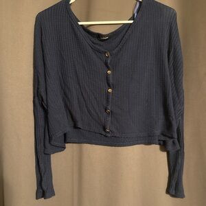 Ambiance Navy Cropped Button-Front Long Sleeve Top